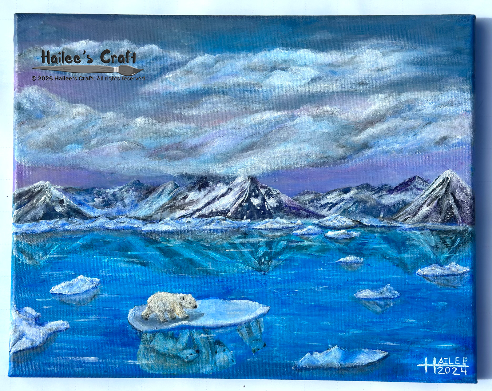 A rectangular painting depicting a polar bear cub on a small iceberg. Behind him there are mountains lightly dusted with snow. The sky is cloudy and blue. The water has very few icebergs, and the icebergs it does have are small in size. The water is very blue, you can see the reflection of the mountains and the icebergs. The polar bear cubs reflection is also visable, but the water shows two more polarbear next to the cub. A reflection of the past.
